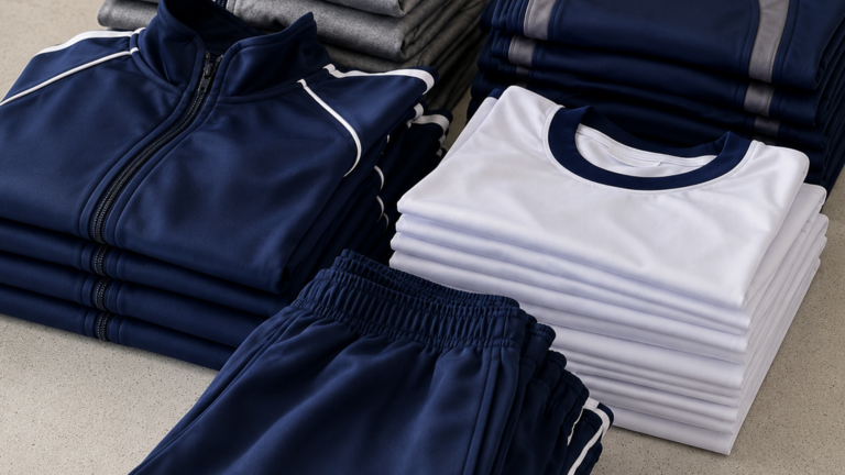 Tecidos para uniforme escolar em produção, com destaque para malhas usadas em camisetas, peças esportivas e agasalhos.